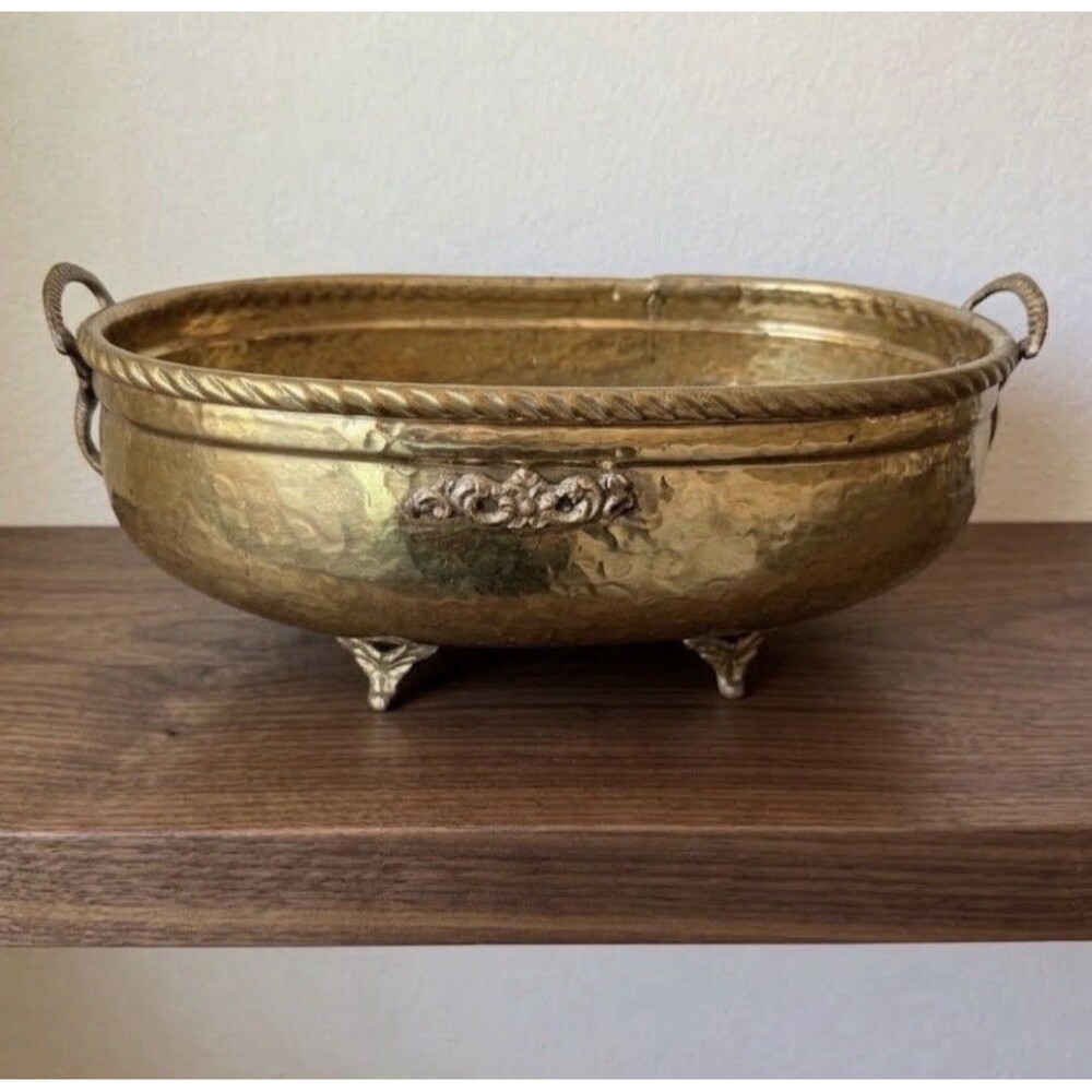 Brass Oval Planter W/ Elephant Handles/ Twisted Rope Edge Vintage India Preowned